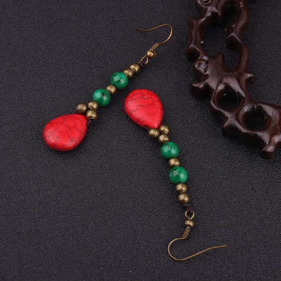 Hand Crafted Vintage Silver Tone Red and Black Seed BeadQuills Dangle Earrings