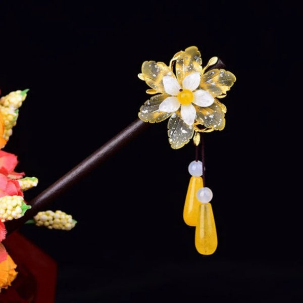 Yellow Flower Hair Stick Pin Chinese Style