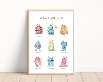 Kids Feelings, Educational Posters Emotions, Montessori, Monster Illustration, Mural, Digital Prints