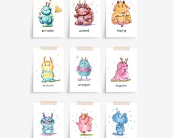 Sentimento cartões crianças | Cartões de emoções para imprimir | Monstro das cartas de sentimento | Cartões de sentimentos no jardim de infância