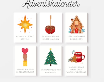 May include: A set of six illustrated cards with Christmas-themed activities. The cards feature a star, a caramel apple, a gingerbread house, a heart, a Christmas tree, and a mug of hot chocolate.