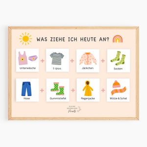 Dressing cards for girls to print out, dressing plan, daily plan for children Montessori, what am I wearing today PDF, routine cards for children in German