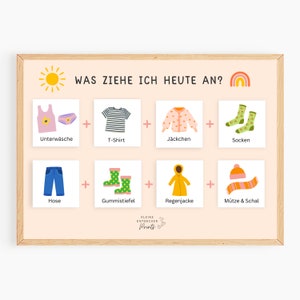 印刷できる女の子向けの服装カード、服装計画、子供向けの毎日の計画、モンテッソーリ教育、今日何を着ているか PDF、ドイツ語の子供向け日課カード