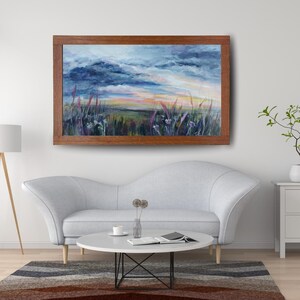 acrylic landscape, flower field, countryside art, nature decor, wheat field painting, sky and flowers, floral art, serene meadow, wall art