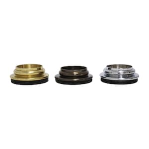 May include: Three furniture leg caps with a rubber base. The caps are made of metal and come in gold, bronze, and chrome finishes.