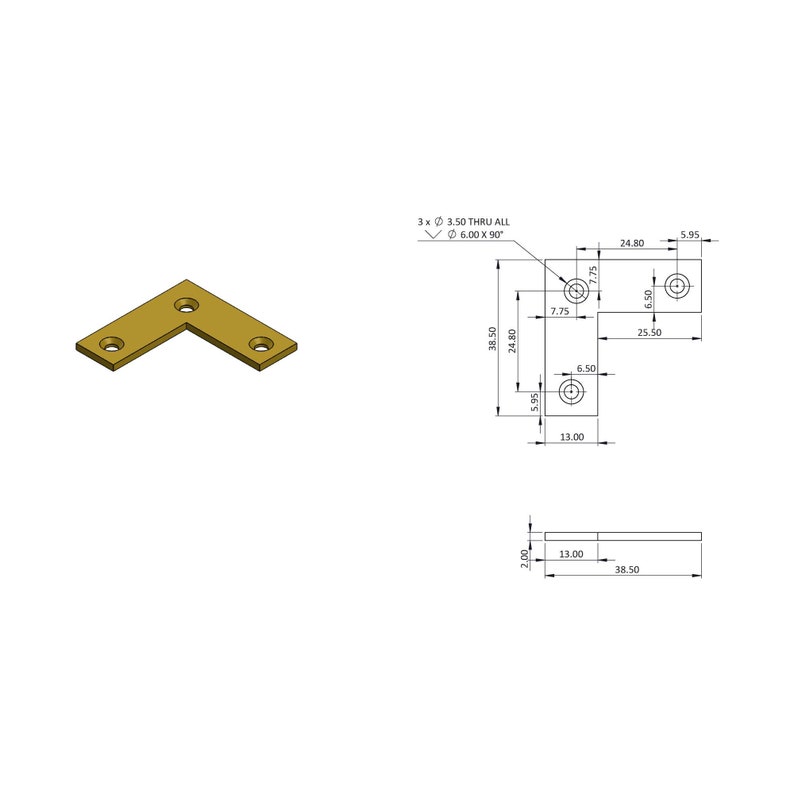 May include: A gold metal corner brace with three 3.50 inch diameter holes. The brace measures 38.50 inches by 24.80 inches. The holes are 6.00 inches apart and are 90 degrees.