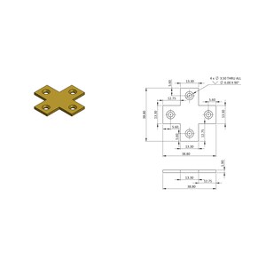 May include: A gold metal cross-shaped bracket with four holes for screws. The bracket measures 9.86 cm by 9.86 cm and has a hole diameter of 0.89 cm.