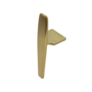 May include: A gold-toned metal cabinet pull with a long, narrow, rectangular handle and a square base.