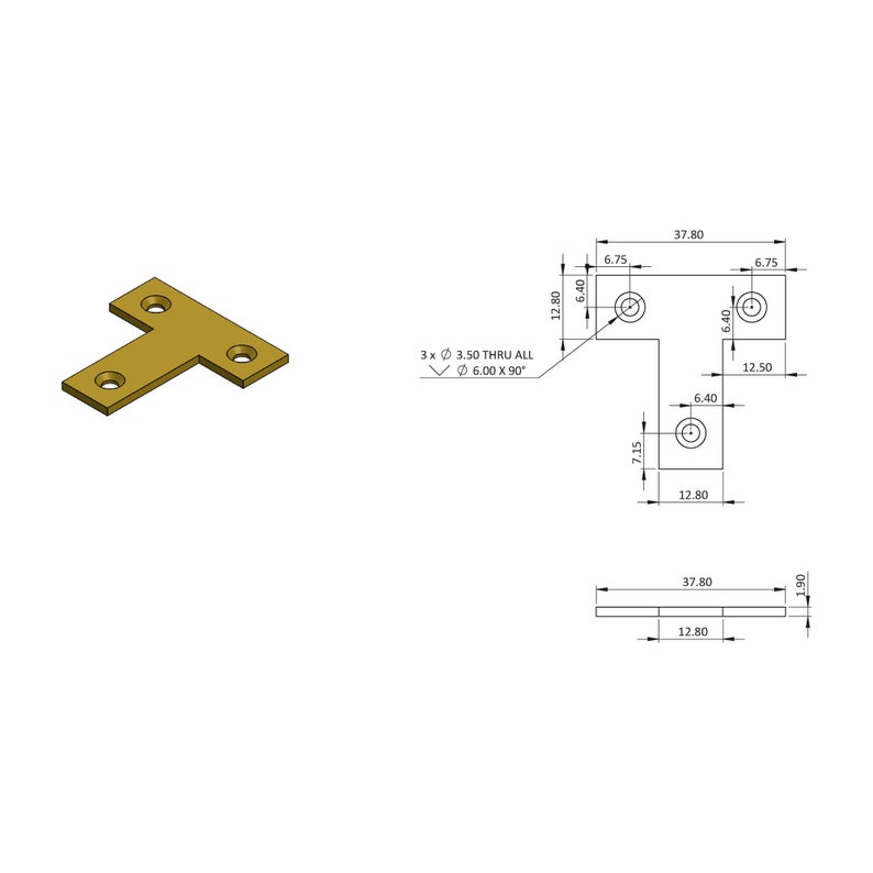 May include: A gold metal T-shaped bracket with three holes on each side and one hole in the center. The bracket measures 37.80 inches by 12.80 inches. The bracket has a 3.50 inch diameter hole and a 6.00 inch diameter hole.