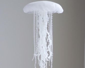White Jellyfish Mobile, 1pc, Sea Crystal Hanging Ornament, Fiber Art Decor