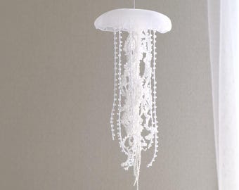 Small White Crystal Jellyfish Mobile: Hanging Sea Ornament