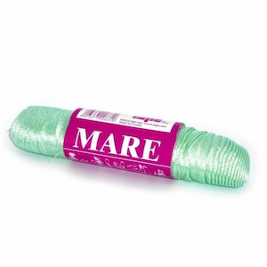 May include: A roll of light green satin ribbon with the word "MARE" printed on the label. The label is pink with white lettering and a barcode.