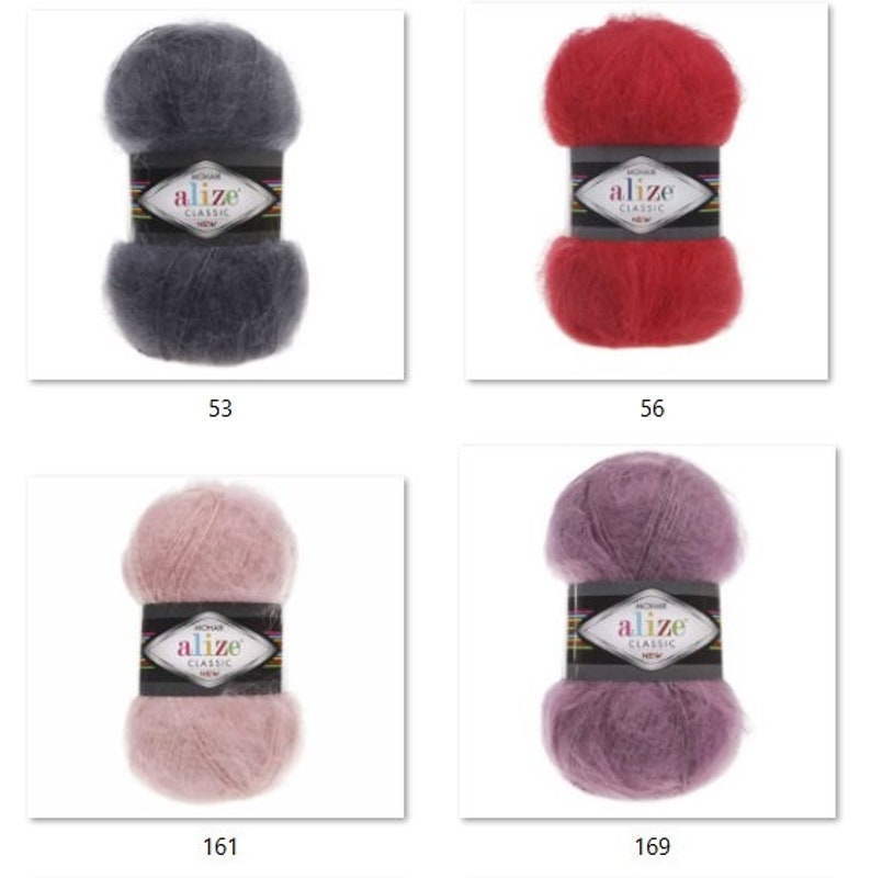 May include: Four skeins of Alize Classic mohair yarn in various colors: dark gray (53), red (56), light pink (161), and purple (169). Each skein is labeled with the Alize brand name and color number. The yarn has a soft, fluffy texture.