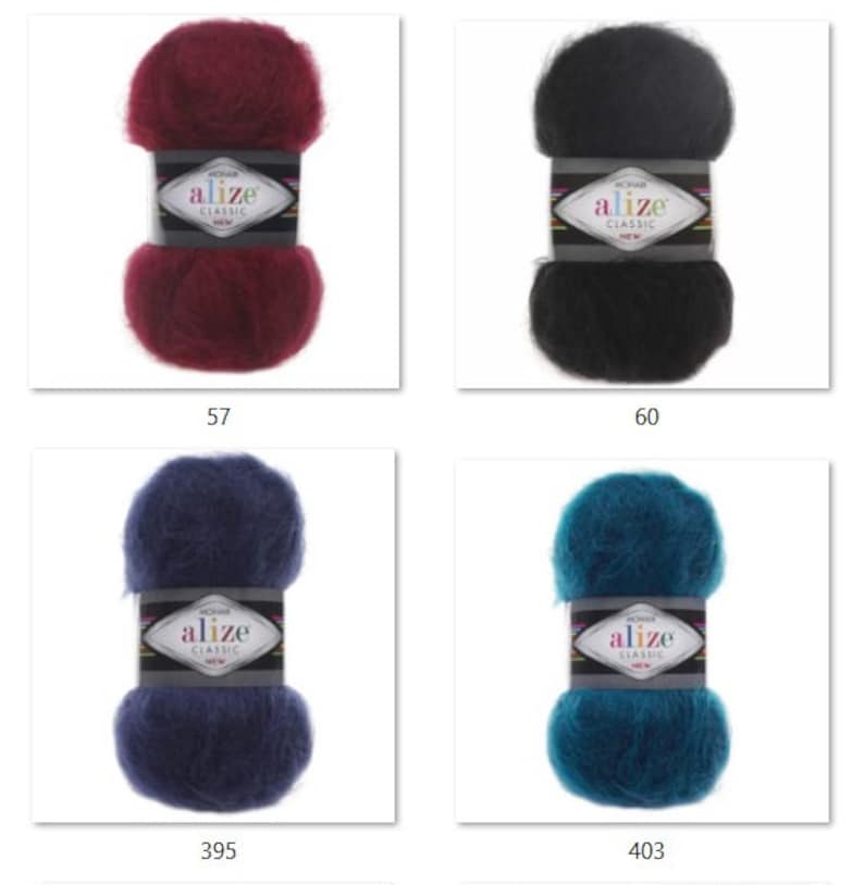 May include: Four skeins of Alize Classic yarn in various colors: deep red (57), black (60), navy blue (395), and teal (403). Each skein is labeled with the Alize Classic brand name.