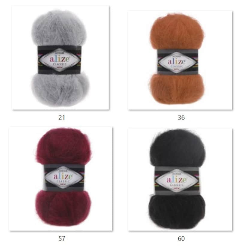 May include: Four skeins of Alize Classic mohair yarn in various colors: gray (21), rust (36), burgundy (57), and black (60). Each skein is wrapped with a label featuring the Alize logo and product information. Ideal for knitting and crochet projects.