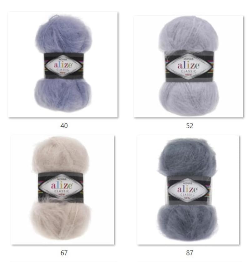 May include: Four skeins of Alize Classic mohair yarn in various colors: light blue (40), light grey (52), beige (67), and dark grey (87). Each skein is wrapped with a label featuring the brand name and product details.
