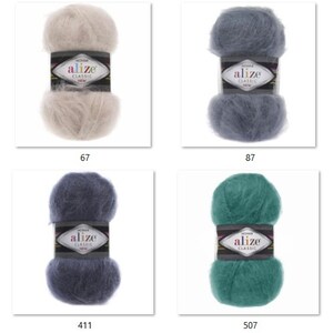 May include: Four skeins of Alize Classic yarn in various colors: beige (67), gray (87), dark blue (411), and teal (507). Each skein has a label with the brand name and product details.