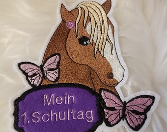 Pferdekopf Aufnäher mit Button zum Schulanfang oder Wunschtext , für Shirt,Tasche, Kissen u.s.w  , 13 x 14 cm