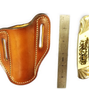 Slanted Pancake Leather Pocket Knife Sheath, Fits 5 Folding Hunter Sized Knives, Belt Holster / Case 1 3/4 loops image 3