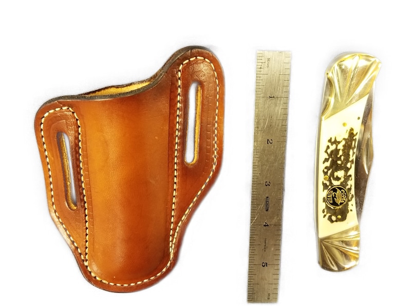 Slanted Pancake Leather Pocket Knife Sheath, Fits 5 Folding Hunter Sized Knives, Belt Holster / Case 1 3/4 loops image 3