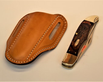 Slanted Pancake Leather Pocket Knife Sheath, Fits 5" Folding Hunter Sized Knives, Belt Holster / Case - 1 3/4" loops