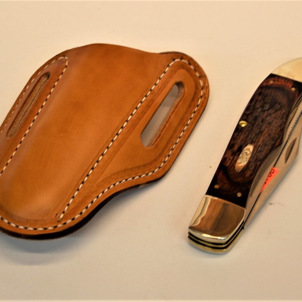 Slanted Pancake Leather Pocket Knife Sheath, Fits 5" Folding Hunter Sized Knives, Belt Holster / Case - 1 3/4" loops