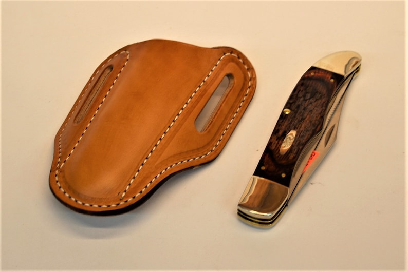 Slanted Pancake Leather Pocket Knife Sheath, Fits 5 Folding Hunter Sized Knives, Belt Holster / Case 1 3/4 loops image 1