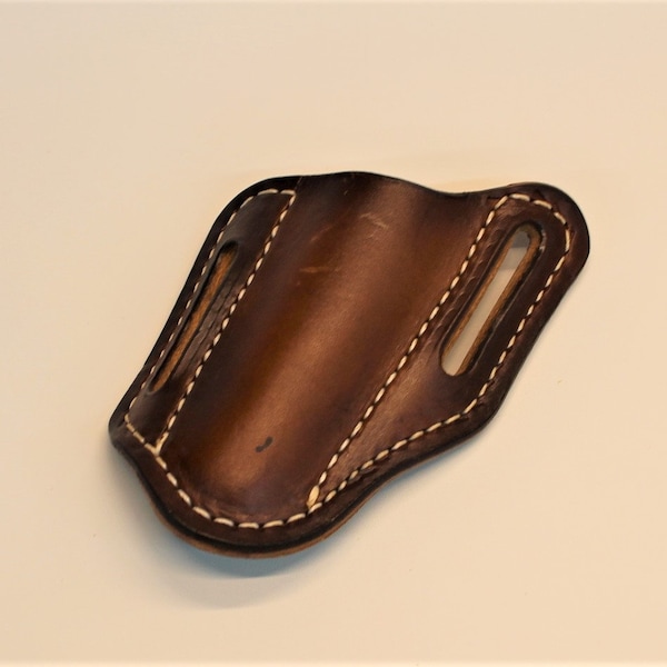 Pancake Leather Pocket Knife Sheath Slanted, Fits 4 1/4" Trapper Sized Knives, Belt Holster / Case - 1 3/4" belt loops - man gift