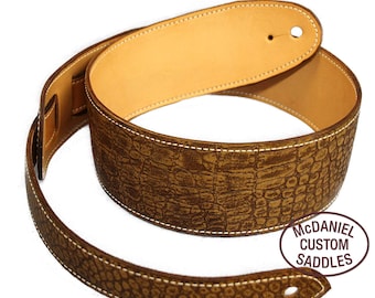 Stamped Tan Alligator Finish Leather / Cowhide Guitar Strap - fully lined - 2 1/2" x 36" length (adjustable) - musician father's day gift