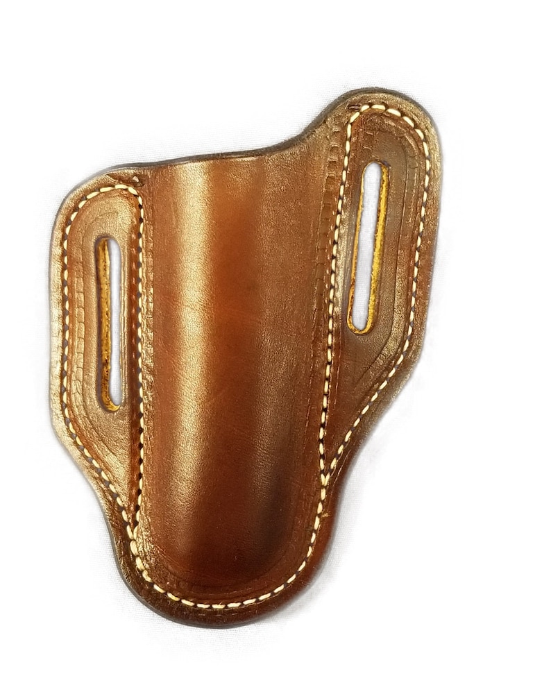 Slanted Pancake Leather Pocket Knife Sheath, Fits 5 Folding Hunter Sized Knives, Belt Holster / Case 1 3/4 loops image 6