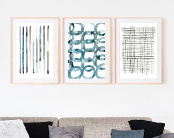 wall art set of 3,set of 3 blue and gray prints,abstract prints set of 3,watercolor art prints,blue and gray art,watercolor wall art set