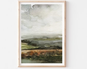 watercolor landscape giclee print,landscape art,farmhouse wall decor,moody landscape, livingroom wall art,stormy landscape art print