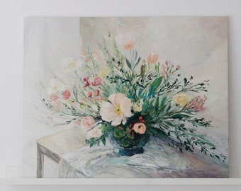 still life original oil painting large art on canvas oil painting 100x80 cm  flowers impressionist modern flowers neutral painting abstract