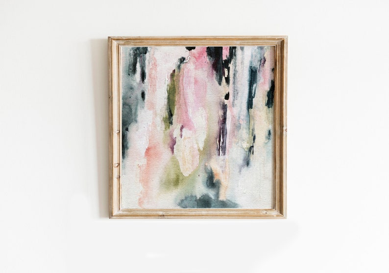 May include: Abstract painting in a wooden frame with shades of pink, green, and blue. The painting has a textured, watercolor-like style.