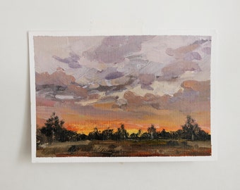 paysage minuscule - peinture à l’huile originale sur papier - peinture de paysage - peinture de nature - peinture forestière d’œuvres d’art originales - coucher de soleil en forêt