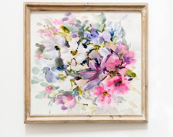 grand imprimé floral, art abstrait de déclaration, fleurs, art mural carré pastel, impression d’art giclée de fleurs abstraites à l’aquarelle, grand art botanique