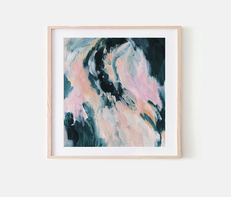 May include: Abstract painting with pink and teal colors in a wooden frame.