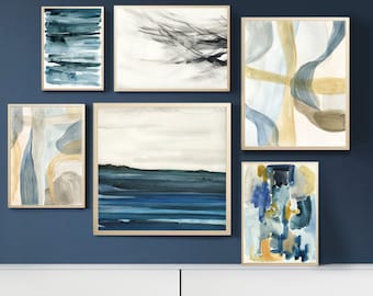 gallery wall prints,set of 6 prints,ready gallery wall,blue and mustard,modern,abstract wall art set,giclee art prints,printed wall art set
