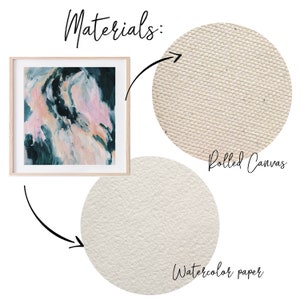 May include: Materials for creating art: a framed abstract painting with teal, pink, and white colors, a close-up of rolled canvas, and a close-up of watercolor paper.