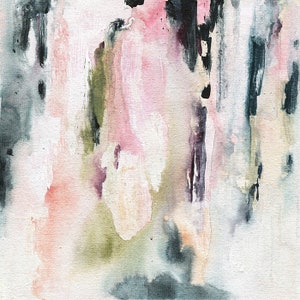 May include: Abstract painting with vertical brushstrokes in shades of pink, green, black, and white on a canvas background.