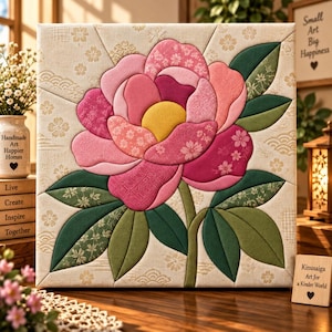 May include: A square fabric wall art piece featuring a central layered peony flower in shades of pink and magenta with a yellow center. The flower is surrounded by dark green leaves on a cream background with subtle floral and wave patterns.