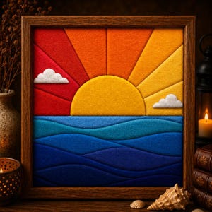 May include: A square framed wall art piece featuring a layered felt sunset scene. The top half displays a yellow sun with radiating beams in red, orange, and yellow, accented by two white felt clouds. The bottom half shows blue ocean waves.