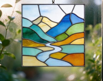 Mountain Lake Stained Glass Pattern, Suncatcher Template (Digital Download)