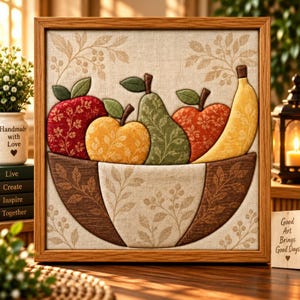 May include: A square framed fabric wall art piece featuring a quilted-style bowl filled with a red apple, a yellow apple, a green pear, an orange apple, and a yellow banana. The design uses textured fabrics with leaf patterns on a beige background.