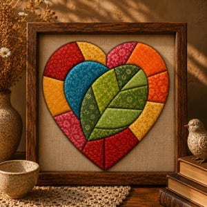 May include: A square wooden frame containing a fabric heart artwork. The heart is composed of colorful, patterned fabric segments in red, orange, yellow, blue, and green, with a central green leaf-shaped section featuring a floral print pattern.