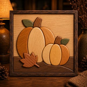 May include: A square wooden wall art piece featuring a layered marquetry design of two pumpkins and a maple leaf. The pumpkins are crafted from various shades of light and dark wood, with small green wooden leaves attached to their brown stems.