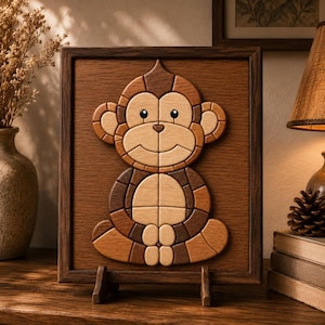 Puede incluir: Una pieza de arte mural rectangular de madera que presenta un mono hecho de segmentos de madera incrustados en varios tonos de marrón y beige. El mono está centrado sobre un fondo de madera oscura, enmarcado en un marco a juego y sobre un soporte.