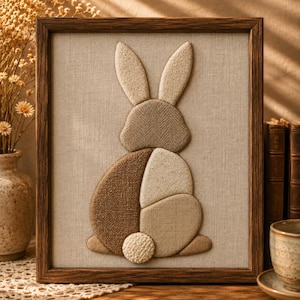 Op de afbeelding: Een ingelijst wandkunstwerk met een stoffen konijnensilhouet bestaande uit verschillende getextureerde lapjes in tinten beige, lichtbruin en bruin. Het konijn is van achteren afgebeeld met lange oren, een rond lichaam en een klein pluizig staartje.