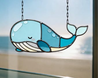 Patrón de vitral de ballena, atrapasol de ballena, arte en vidrio oceánico, vitral DIY, decoración del hogar