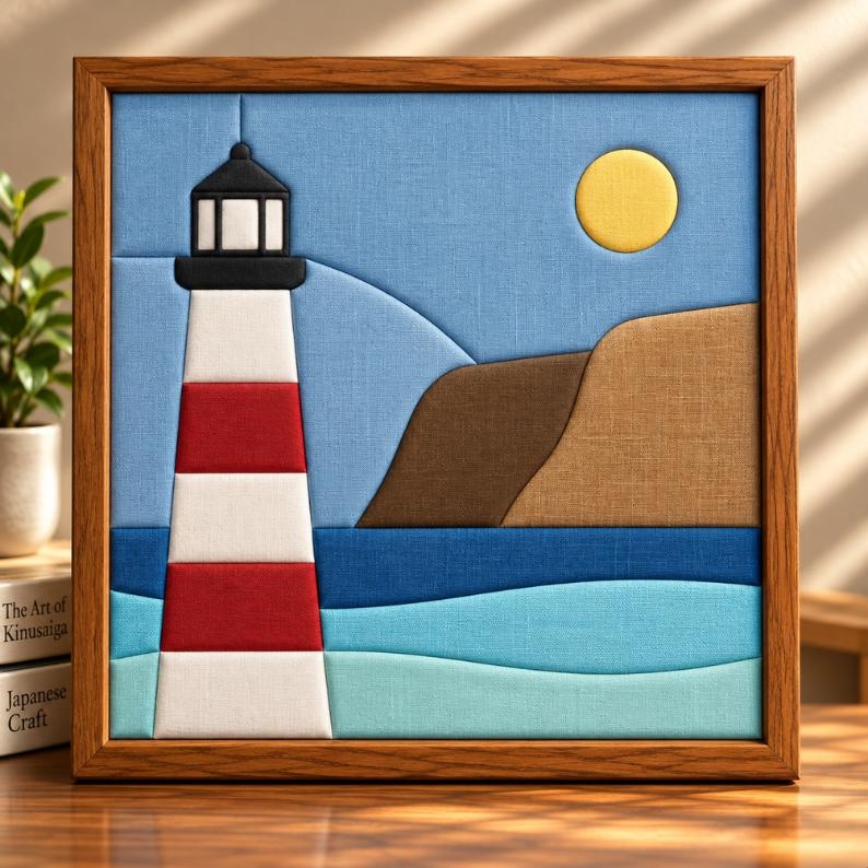 May include: A square framed fabric wall art piece featuring a lighthouse with red and white horizontal stripes, a black top, a yellow sun, brown cliffs, and layered blue ocean waves. The scene is constructed from textured fabric panels.